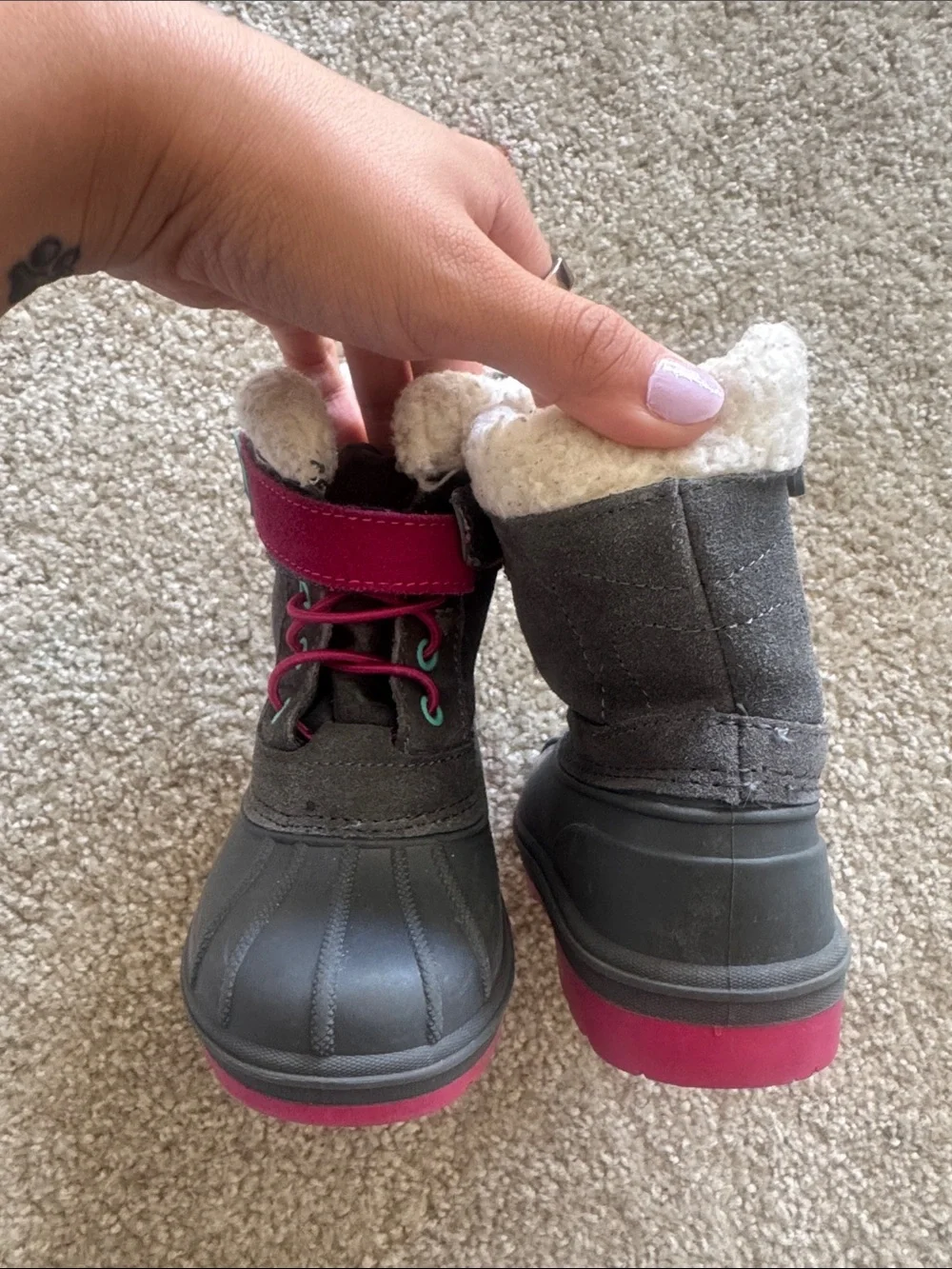 Cat & Jack Gray Kids Snow Boots with Pink and Teal Accents